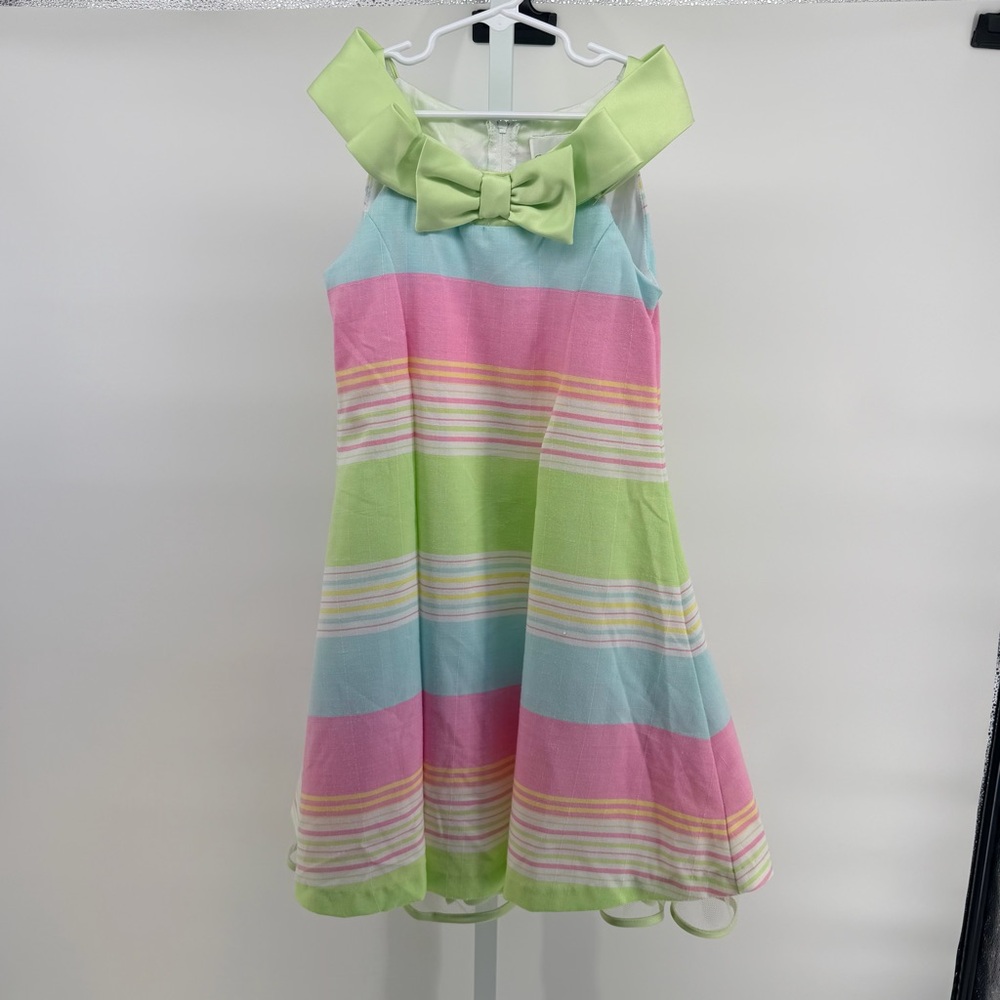 Rare Editions Pastel Stripe Dress with Lime Bow